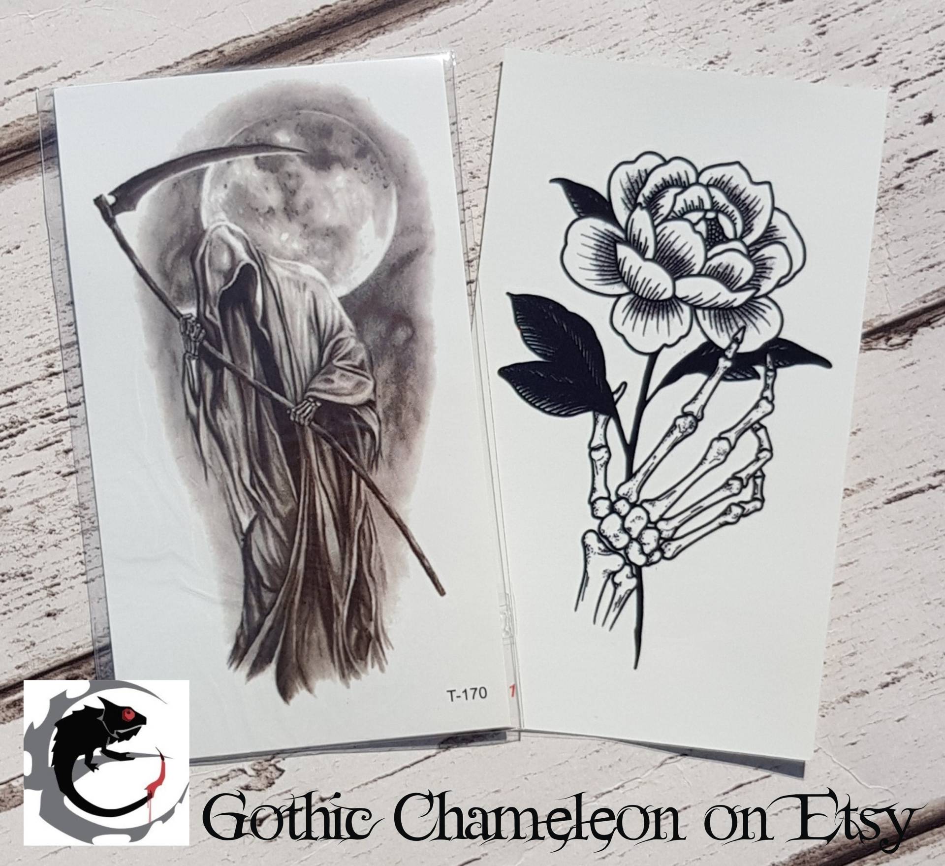 Temporäre Tattoo Blätter Sensenmann Rose Skelett Hand Temporäre Tattoo Blätter Sensenmann Rose Skelett Hand von GothicChameleon