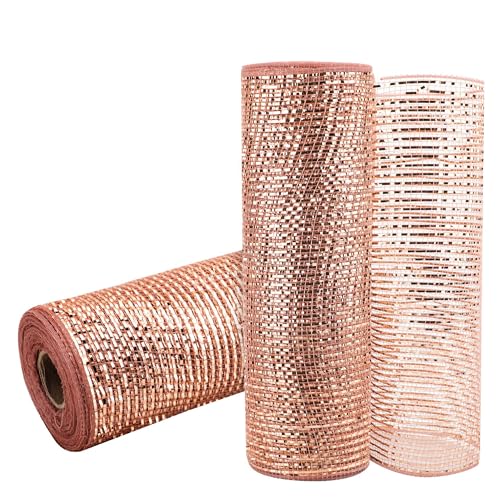 GouZaak Deko-Mesh-Band in Rotgold, 25,4 cm x 9,1 m, mit breiterer rotgoldener Metallic-Folie für DIY-Kranz, Urlaub, Dekoration, Weihnachtsbaum, Halloween-Dekoration, Geschenkverpackung, Blumenmuster, von GouZaak