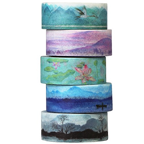 Gouert 5 Rollen Washi Tape Aquarell Set Dekorative klebeband buntes Klebebänder Landschaftsmalerei Design Dekoband Masking Tape für DIY Craft Scrapbooking Geschenkpapier von Gouert