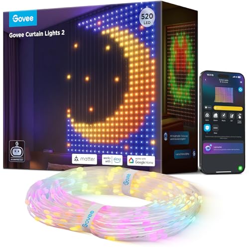 Govee Curtain Lights 2.0, Smart LED Vorhang mit DIY GIF, 520 RGBIC Color Chaning LED Lichterkette, Dynamische Deko, IP65 Max Wasserfest, Kompatibel mit Alexa, Party Deko (1,5×2m) von Govee