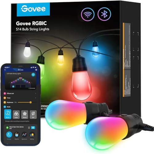 Govee Lichterkette Außen, Smart LED Wifi RGBICW Glühbirnen, IP65 Wasserdicht, Funktioniert mit Alexa und Google Assistant, App-Steuerung, 47 Szenenmodi, 15 LEDs 15m Outdoor von Govee