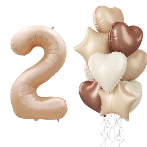 Luftballon 2. Geburtstag für Mädchen, Nude Creme Folienballon 2 Neutraler Stern Herz Luftballons Deko, Ballons Zahl 2 Braun Beige Aprikose Helium für Frauen Hochzeit Valentinstag Party Dekoration von Govpy