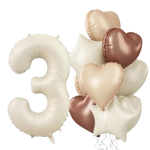 Folienballon 3. Geburtstag Deko, 40'' Creme Beige Zahl 3 Luftballons, Nude 3 Ballon Kaffee Braun Aprikose Helium Neutraler Stern Herz Ballons für Mädchen 3 Geburtstagsdeko Hochzeit Party Dekoration von Govpy