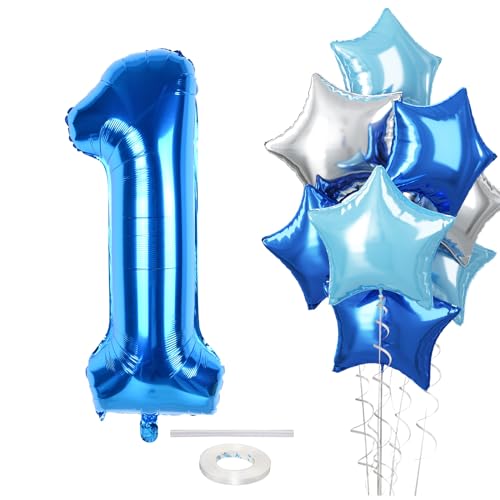 Luftballon 1. Geburtstag Deko für Jungen, 40'' Blau Dunkelblau Helium Zahl 1 Luftballon, Riesen Folienballon Pastell Hellblau Silber Stern XXL 1 Ballon für Geburtstagsdeko Babyparty Party Dekoration von Govpy