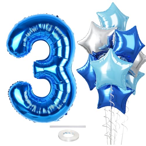 Luftballon 3. Geburtstag für Kinder, Große Dunkelblau Silber Stern Zahl 3 Folienballon Deko, 40'' Helium Hellblau Pastell Blau Zahlen 3 Ballon für Jungen 3 Jahr Geburtstag Jubiläum Party Dekoration von Govpy