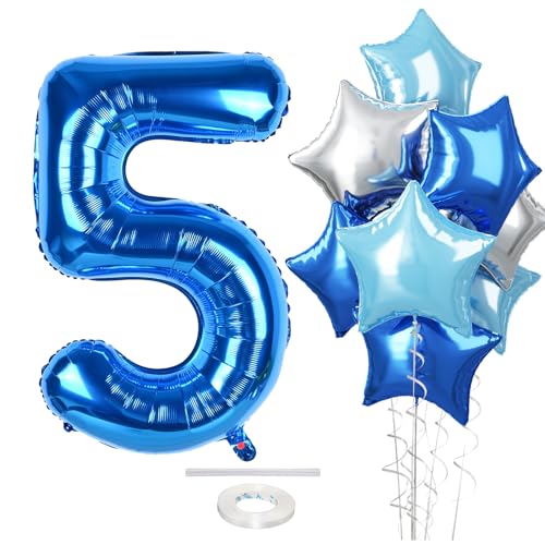 Ballon 5. Geburtstag Zahlen für Jungen, Blau Dunkelblau Große Zahl 5 Folienballon Deko, 40 Zoll Pastell Blau Hellblau Silber Stern Zahl 5 Luftballon für 5 Jahr Geburtstagdeko Jubiläum Party Dekoration von Govpy