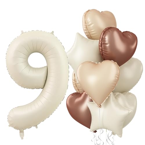 Luftballon 9. Geburtstag Beige Deko, Nude Zahl 9 Folienballon Stern Ballon, Creme Aprikose Braun Herz Luftballons für Junge Frau Geburtstagsdeko Hochzeit Jubiläum Party Dekoration, Fliegt mit Helium von Govpy