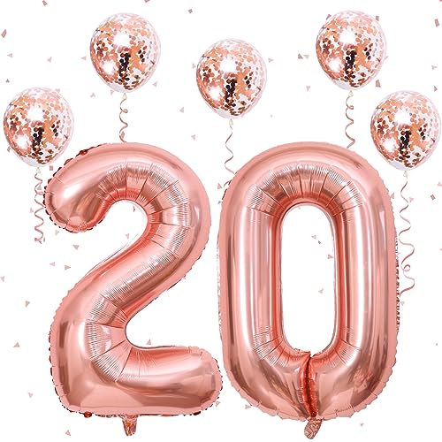 Ballon Zahlen 20. Geburtstag für Frau, Riesen Helium 20 Zahl Luftballon mit Rosegold Konfetti Ballons, 40 Zoll Folienballon Luftballons für Mädchen 20. Geburtstagsdeko 20 Jahre Jubiläum Party Deko von Govpy