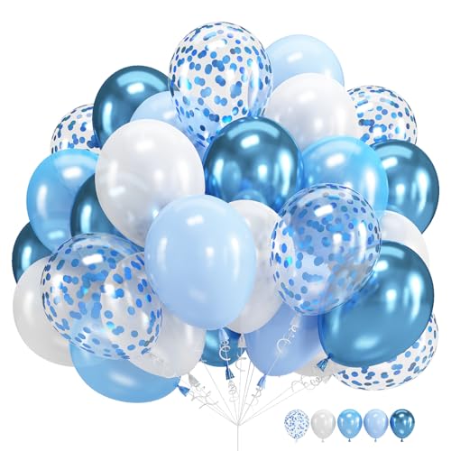 Blau Konfetti Luftballons, 60 Stück 12 Zoll Metallic Chrom Blau Konfetti Ballon und Weiße Helium Latex Luftballons mit Band für Geburtstag Hochzeit Kinder Babyparty Party Dekorationen von Govpy