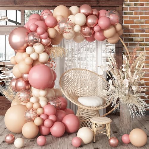 Boho Luftballon Girlande Rosa Beige, 108 Stück Rtero Rosa Aprikosen Nude Cream Ballon und Metallic Rosegold Konfetti Deko für Mädchen Boho Hochzeit Babyparty Geburtstag Party Verlobung Dekoration von Govpy