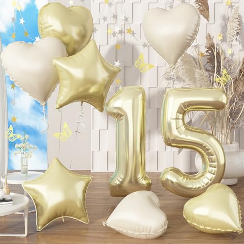 Champagner Gold Folienballon Zahl 15, XXL Hell Goldene Zahlenballon 15 mit Creme Herz Stern Helium Luftballons für Mädchen 15 Geburtstagsdeko, 40'' Zahlen 15. Geburtstag Ballon für Jubiläum Party Deko Champagner Gold Folienballon Zahl 15, XXL Hell Goldene Zahlenballon 15 mit Creme Herz Stern Helium Luftballons für Mädchen 15 Geburtstagsdeko, 40'' Zahlen 15. Geburtstag Ballon für Jubiläum Party Deko von Govpy