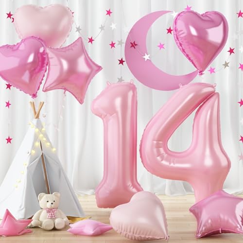 Folienballon 14. Geburtstag Deko, Groß Helium Pastell Rosa Ballon Zahlen mit Hell Pink Herz Stern Ballon für Mädchen 14. Geburtstagdeko, 40'' Zahl Luftballon 14 Jubiläum Valentinstag Party Dekoration Folienballon 14. Geburtstag Deko, Groß Helium Pastell Rosa Ballon Zahlen mit Hell Pink Herz Stern Ballon für Mädchen 14. Geburtstagdeko, 40'' Zahl Luftballon 14 Jubiläum Valentinstag Party Dekoration von Govpy