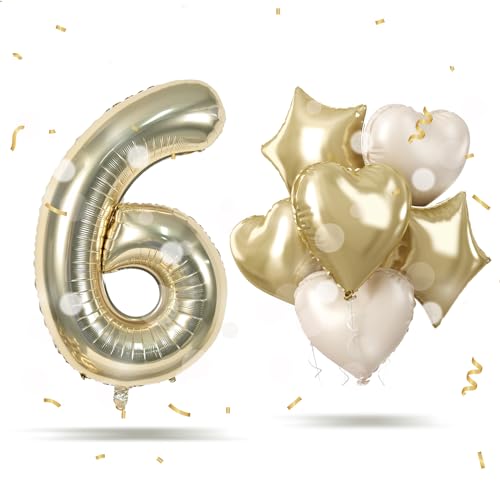 Folienballon Zahl 6 Champagner Gold, 40 Zoll Hell Gold Luftballon 6. Geburtstag, Gold Groß Zahlenballon 6 Geburtstagsdeko mit Beige Herz Stern Helium Ballons für Junge zum Frau 6 Jubiläum Party Deko Folienballon Zahl 6 Champagner Gold, 40 Zoll Hell Gold Luftballon 6. Geburtstag, Gold Groß Zahlenballon 6 Geburtstagsdeko mit Beige Herz Stern Helium Ballons für Junge zum Frau 6 Jubiläum Party Deko von Govpy
