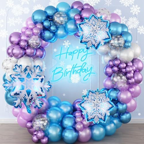 Frozen Luftballon Girlande, Frozen Balloon Deko mit Metallic Blau Lila Konfetti Ballon Schneeflocke Folien Ballon für Weihnachten Babyparty Geburtstagsparty von Govpy