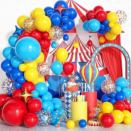 Zirkus Geburtstag Deko Ballon Girlande Bunt Set, Rot Gelb Pastell Blau Konfetti Luftballon Girlande mit Stern Folienballons für Karneval Kinder Geburtstagsdeko Kindergeburtstag Party Dekoration von Govpy