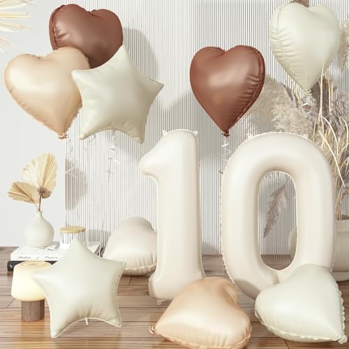 Luftballon 10 Beige, Creme 10. Geburtstag Ballon Deko für Mädchen, Neutraler Aprikose Nude Braun Herzballons Geburtstagsdeko, 40'' Zahl 10 Stern Folienballon für Frau 10 Jare Jubiläum Party Dekoration von Govpy