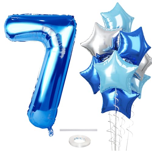 Luftballon 7. Geburtstag Deko für Jungen, 40 Zoll Helium Blau Dunkelblau Marineblau Zahlen 7 Ballon Silber Stern Geburtstagdeko, Mylar Hellblau 7 Zahl Luftballon für 7 Jare Geburtstag Party Dekoration von Govpy