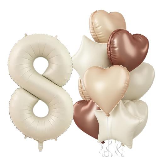 Luftballon 8. Geburtstag für Mädchen, Neutraler Beige 8 Zahl Deko Nude Creme Stern Folienballon, Braun Helium Herz Luftballons 8 Jare Geburtstagsdeko für Frauen Hochzeit Jubiläum Party Dekoration von Govpy