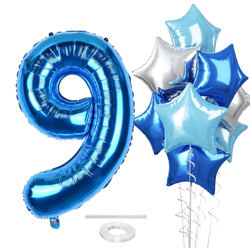 Luftballon 9. Geburtstag Zahlen für Kinder, Große Dunkelblau Silber Hellblau Stern Helium Zahl 9 Luftballons Deko, 40 Zoll Perl Blau 9 Folienballon für Jungen Geburtstagdeko Jubiläum Party Dekoration von Govpy