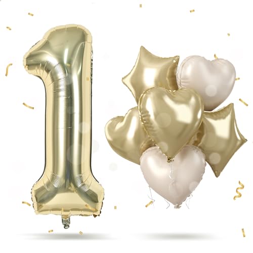 Luftballon Gold 1. Geburtstag Deko, XXL Champagner Goldene Zahl 1 mit Beige Herz Stern Ballons für Mädchen, 40'' Folienballon Zahlen 1 Ballon für 1 Jahre Geburtstagsdeko Jubiläum Party Dekoration Luftballon Gold 1. Geburtstag Deko, XXL Champagner Goldene Zahl 1 mit Beige Herz Stern Ballons für Mädchen, 40'' Folienballon Zahlen 1 Ballon für 1 Jahre Geburtstagsdeko Jubiläum Party Dekoration von Govpy