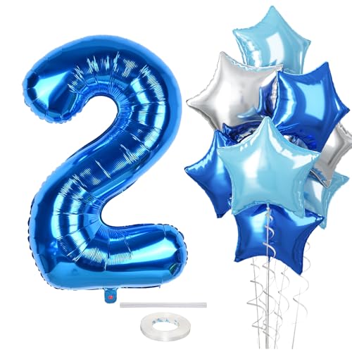 Luftballon Zahlen 2 Dunkelblau Geburtstagdeko, Riesen Blau Zahl 2 Ballon Deko, 40 Zoll Hellblau Silber Stern Zahl Folienballon für Jungen 2. Geburtstag Jubiläum Party Dekoration, Fliegt mit Helium von Govpy