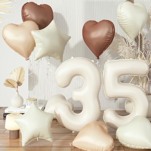 Luftballons 35. Geburtstag für Frauen, Groß Beige Creme Nude Zahl 35 Ballons Stern Folienballon Deko, Braun Aprikose Neutraler Helium Herz Luftballon für Frau Geburtstagsdeko Party Hochzeit Dekoration von Govpy