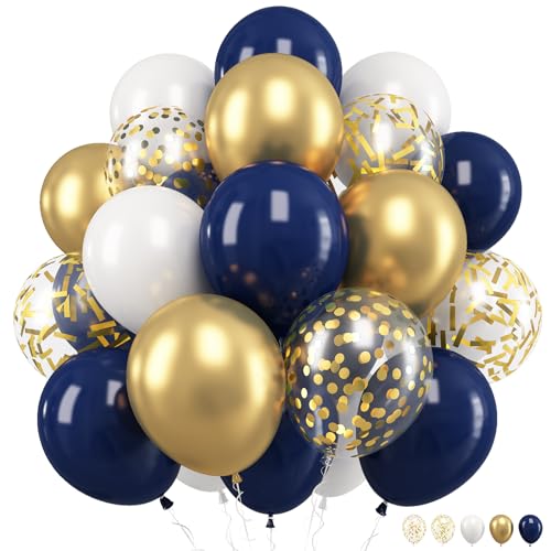 Luftballons Blau Gold Konfetti, 60 Stück 12 Zoll Helium Ballons Dunkelblau Weiß mit Metallic Gold Konfetti Luftballons Latex Ballons für Geburtstag Hochzeit Babyparty Absolvent Deko von Govpy