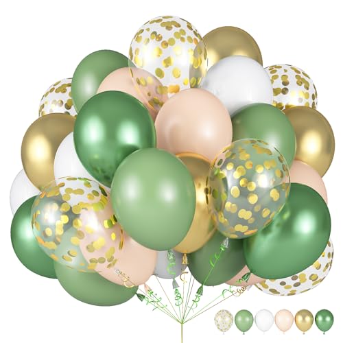 Luftballons Grün Gold, 12 Zoll 60 Stück Metallic Grün Beige Latex Helium Luftballons Avocado Grün Weiß Ballons Olive Grün Metallic Gold Konfetti Ballons für Geburtstag Dschungel Safari Baby Party von Govpy