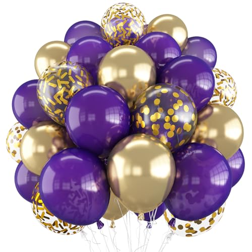 Luftballons Lila und Gold, 60 Stück 12 Zoll Dunkellila und Metallic Gold Konfetti Luftballons, Lila Party Ballons mit Band für Mädchen Geburtstag, Babyparty, Hochzeit, Brautparty Deko von Govpy