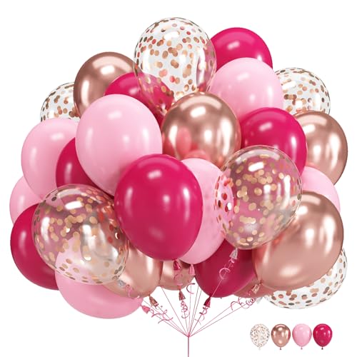 Luftballons Rosa, 60 Stück 12 Zoll Hot Pink und Metallic Rosegold Konfetti Ballon Set, Fuchsia Rosa Hellrosa Ballon mit Band für Mädchen Hochzeit Geburtstag Babyparty Valentinstag Dekoration von Govpy