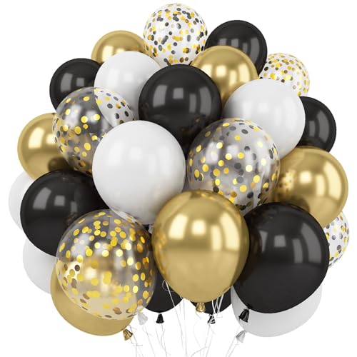 Luftballons Schwarz Gold, 60 Stück 12 Zoll Schwarz Metallic Gold Latex Luftballons Schwarz Weiß Ballons mit Gold Konfetti Ballons Party Dekoration für Geburtstag Neujahr Abschluss Baby Shower von Govpy