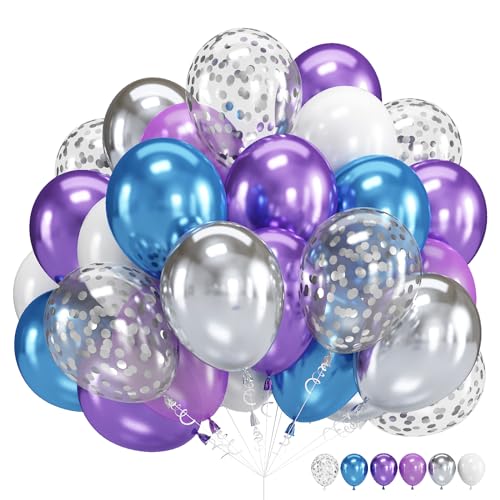 Metallic Blau Lila Luftballons, 60 Stück 12 Zoll Chrome Blau Lila Silber Konfetti Geburtstag Ballons mit Band für Kinder Weltraum Geburtstagsfeier, Frozen Party, Babyparty, Abschlussfeier von Govpy