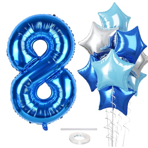 Riesen Dunkelblau Luftballon 8 für Jungen, 40 Zoll Pastell Blau 8 Zahl Luftballon Geburtstagdeko, Hellblau Silber Stern Zahlen 8 Folienballon für 8. Geburtstag Jubiläum Party Deko, Fliegt mit Helium von Govpy