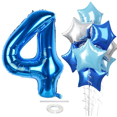 Riesen Dunkelblau Zahl 4 Luftballon Deko, 40 Zoll Pastell Blau Helium Silber Stern Zahlenballon 4 Geburtstagsdeko, XXL Hellblau Zahl 4 Folienballon für Jungen 4. Geburtstag Jubiläum Party Dekoration von Govpy