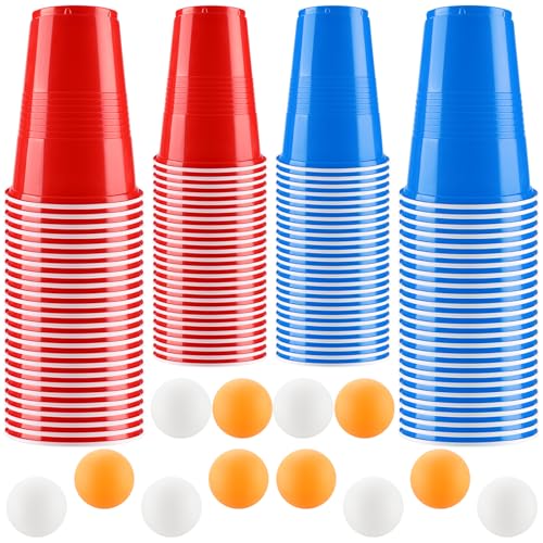 Beer Pong Becher Set, Bierpong Becher Enthält 100 Becher und 12 Tischtennisbälle, 500ML Beerpongbecher, Wiederverwendbare Partybecher für Weihnachten Party Geburtstag Festivals Hochzeit Camping von Gowkeey