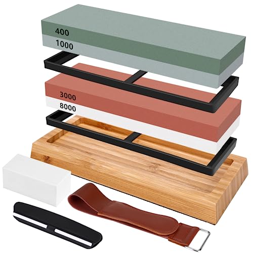 Schleifstein Set für Messer,Professional Schleifstein Set,400/1000 3000/8000 Doppelseitiger Abziehsteine,Mit Bambusbasis,Korrekturstein,Werkzeughalter,Lederstreifen von Gowkeey