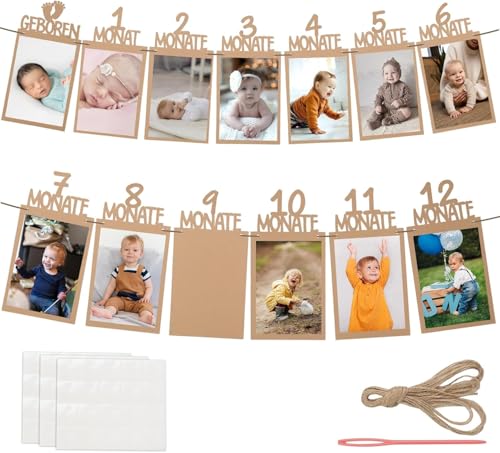 Goxeon Geburtstagsfoto Banner 1. Baby Wimpel Girlande 1-12 Monat Meilenstein Foto Prop Party Dekor, verdickte Kraft Karte Papier Rahmen für erste Geburtstag Feier Dekoration (Braun) von Goxeon