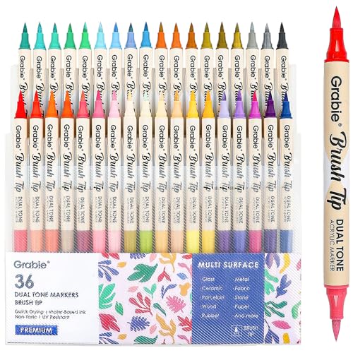 Grabie 72 Farben Farbmarker, Acrylmalstifte mit 36 zweifarbigen Pinselspitzen, doppelspitzige Marker auf Wasserbasis für Steine, Acryl-Zeichenmarker für Kunstbedarf von Grabie