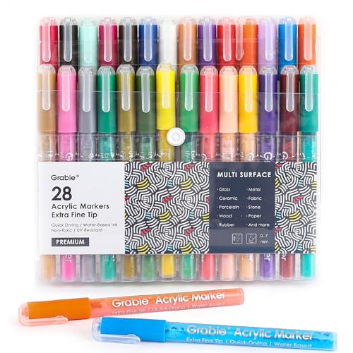 Grabie Acrylstifte, Marker, 28 Farben, 0,7 mm, extra feine Spitze, Premium-Malstifte zum Malen auf verschiedenen Oberflächen, Acrylfarben-Set, Kunstbedarf für Acrylfarbe, mehrfarbig von Grabie