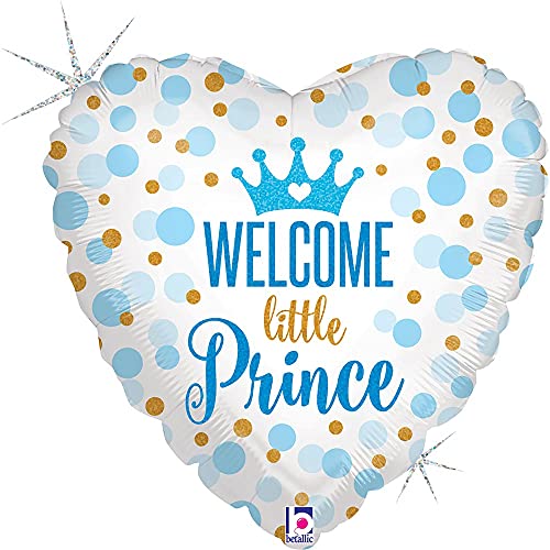 Grabo Folienballon aus Mylar Glitter Holographic in Herzform Welcome Little Prince 46 cm aufblasbar mit Helium von Grabo