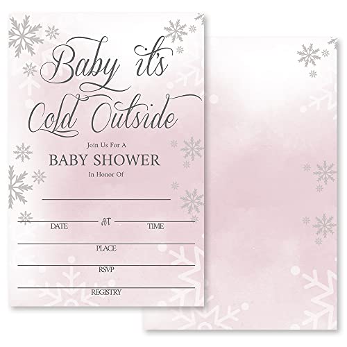 Baby It's Cold Outside Babyparty-Einladung, Winter-Babyparty-Einladung, Mädchen, 20 Einladungen und Umschläge, silberfarbene und rosa Schneeflocken-Partyeinladungen, Babypartyzubehör (076) von Grace Yonks