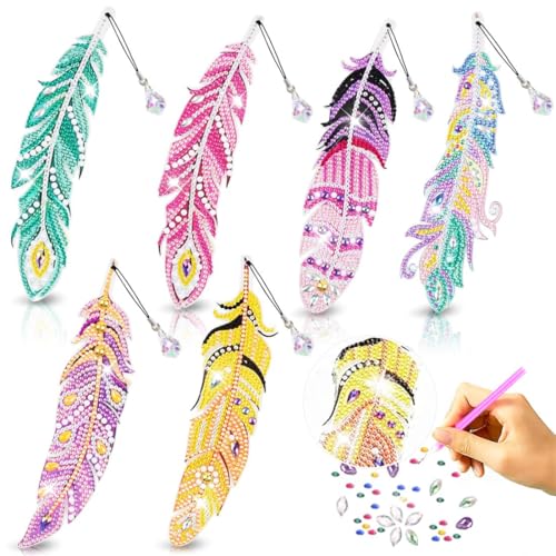 Diamond Painting Lesezeichen 6 Stück，Diamant-Malerei Feather Lesezeichen，DIY Lesezeichen Bastelset mit Kristall Anhänger，Geschenk mädchen bastelset，Feather Anhänger von Graceever