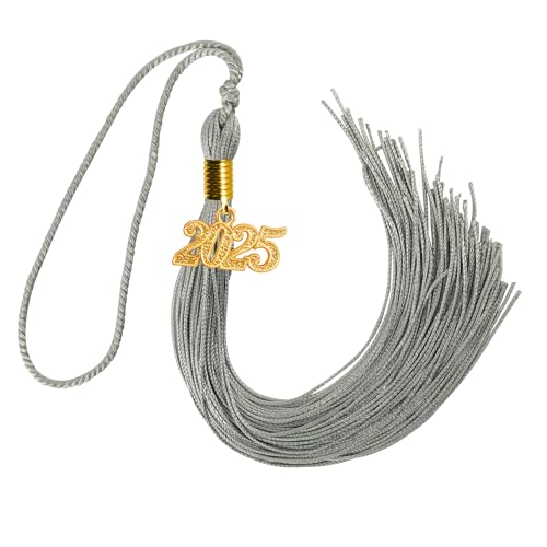 GraduatePro 23cm Abschluss Quaste 2025 mit Gold Jahreszahl Anhänger für Graduate Bachelor Master Doktorhut Silber von GraduatePro