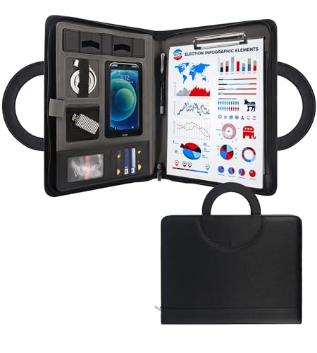 GraduatePro Schreibmappe A4 Leder Dokumentenmappe Business Tablet Mappe Ordner Klemmbrettmappe mit Deckel Organizer Reißverschluss Portfolio Schwarz von GraduatePro