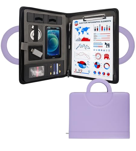 GraduatePro Schreibmappe A4 Leder Dokumentenmappe Business Tablet Mappe Ordner Klemmbrettmappe mit Deckel Organizer Reißverschluss Portfolio Lila von GraduatePro