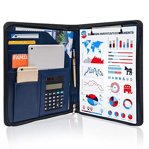 GraduationMall Schreibmappe A4 Reißverschluss, Klemmbrett Business Mappe Konferenzmappe, Dokumentenmappe Leder, Portfolio Padfolio Blau von GraduationMall