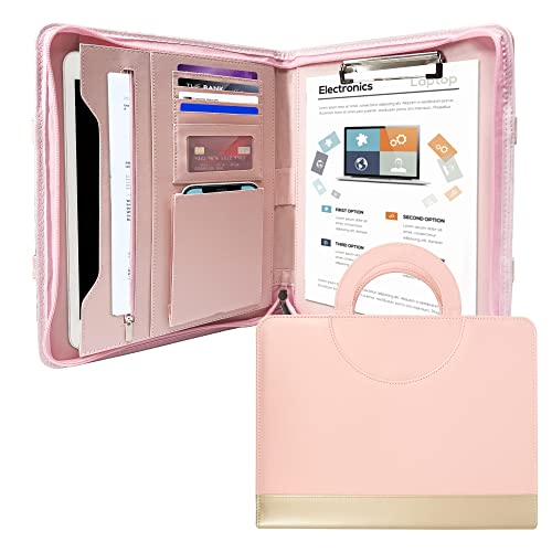 GraduationMall Schreibmappe A4 mit Klemmbrett - Rosa Portfolio Padfolio mit verstecktem Griff - Reißverschluss + PU Leder - Dokumentenmappe für Unternehmen von GraduationMall