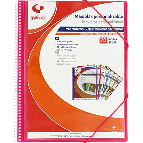 Grafoplás 39842054 Maxi-Plastik-Mappe mit Spiralbindung, 20 transparente Hüllen, Rosa, 30,8 x 24 x 14 von Grafoplás