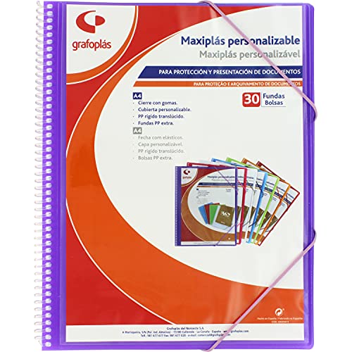 Grafoplás 39843035 Maxi-Plastikmappe mit Spiralbindung, 30 transparente Hüllen, 30,8 x 24 x 14 cm, Violett von Grafoplás