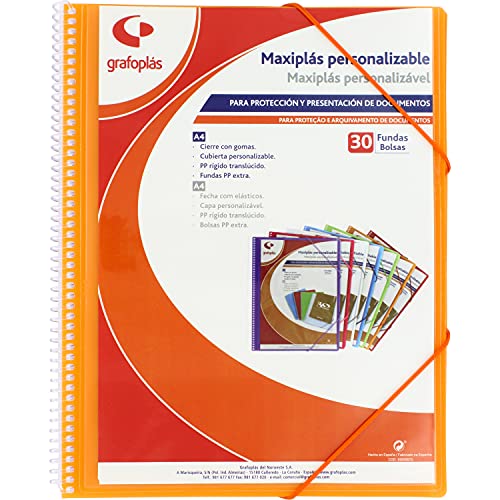 Grafoplás 39843052 Maxi-Plastik-Mappe mit Spiralbindung, 30 transparente Hüllen, Orange, 30,8 x 24 x 14 von Grafoplás